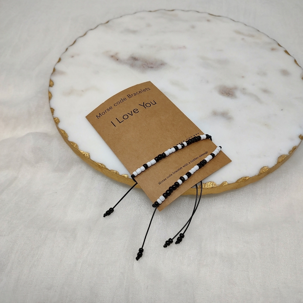 "I Love You" Black and White Morse Code Beaded Bracelet Set